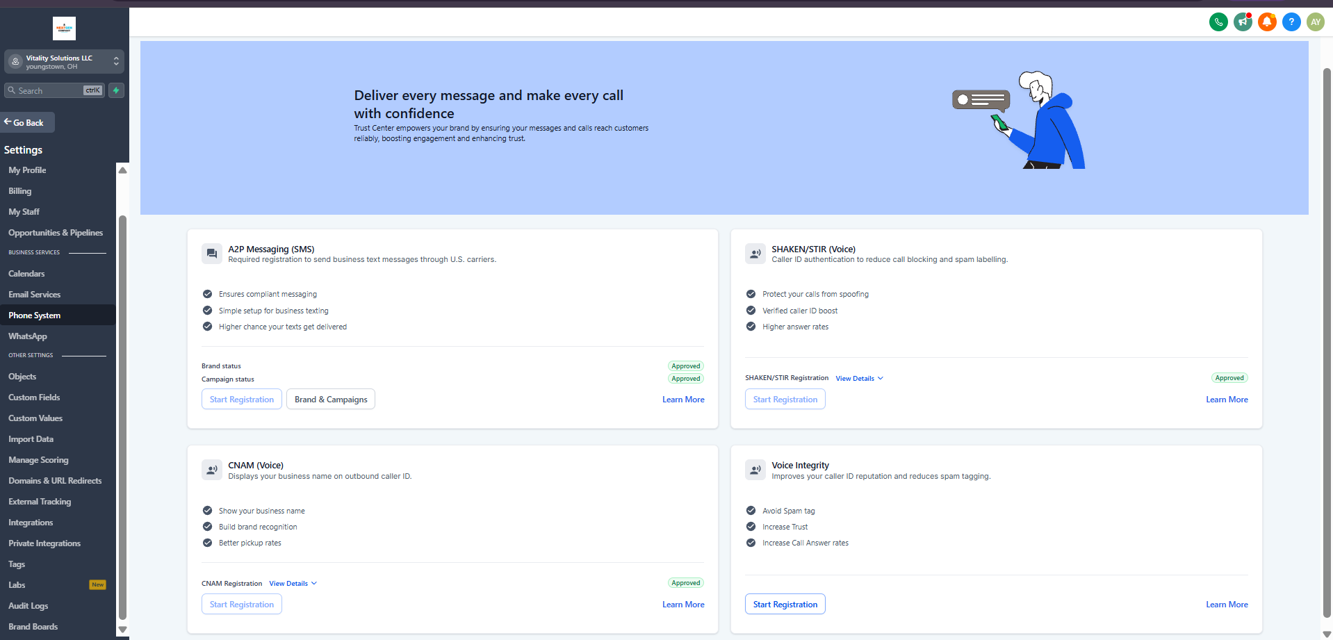 A2P, SHAKEN/STIR & CNAM trust center screenshot