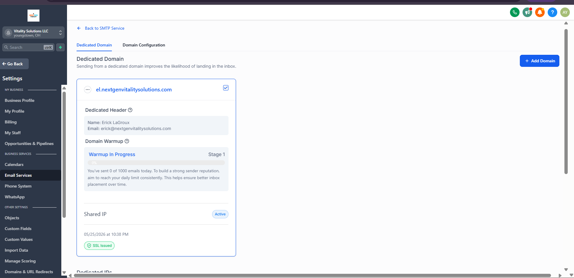 Dedicated email domain warmup screenshot
