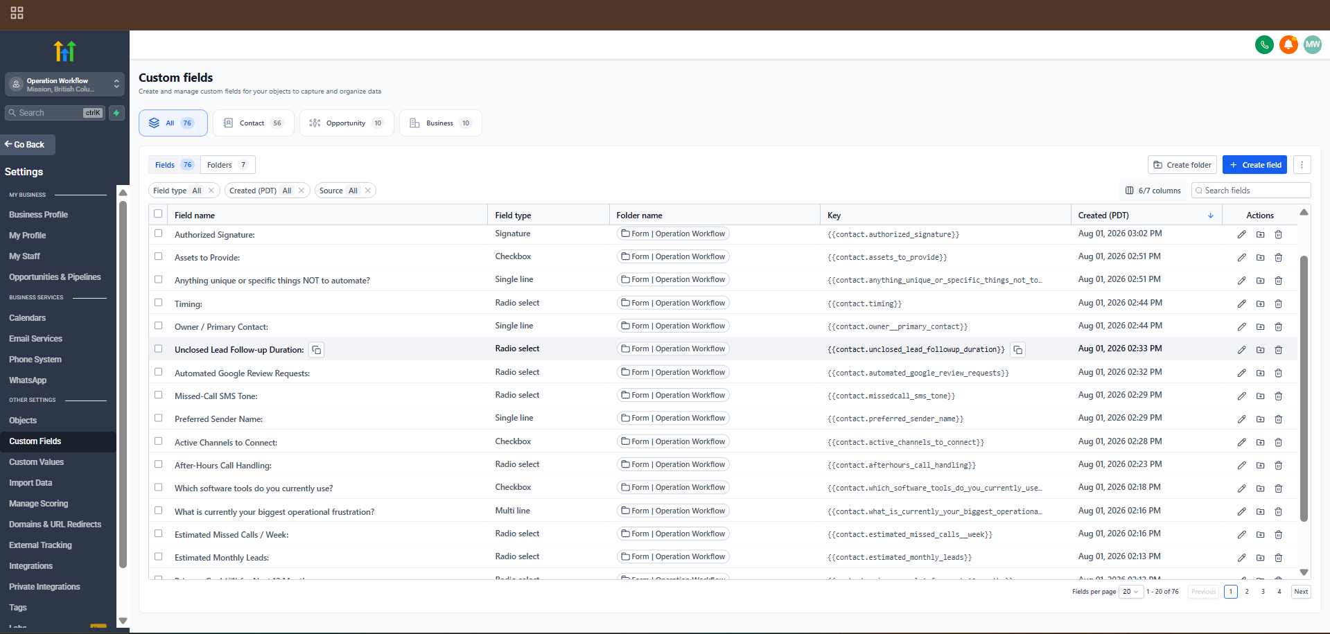 Custom fields & tagging screenshot (76 fields)