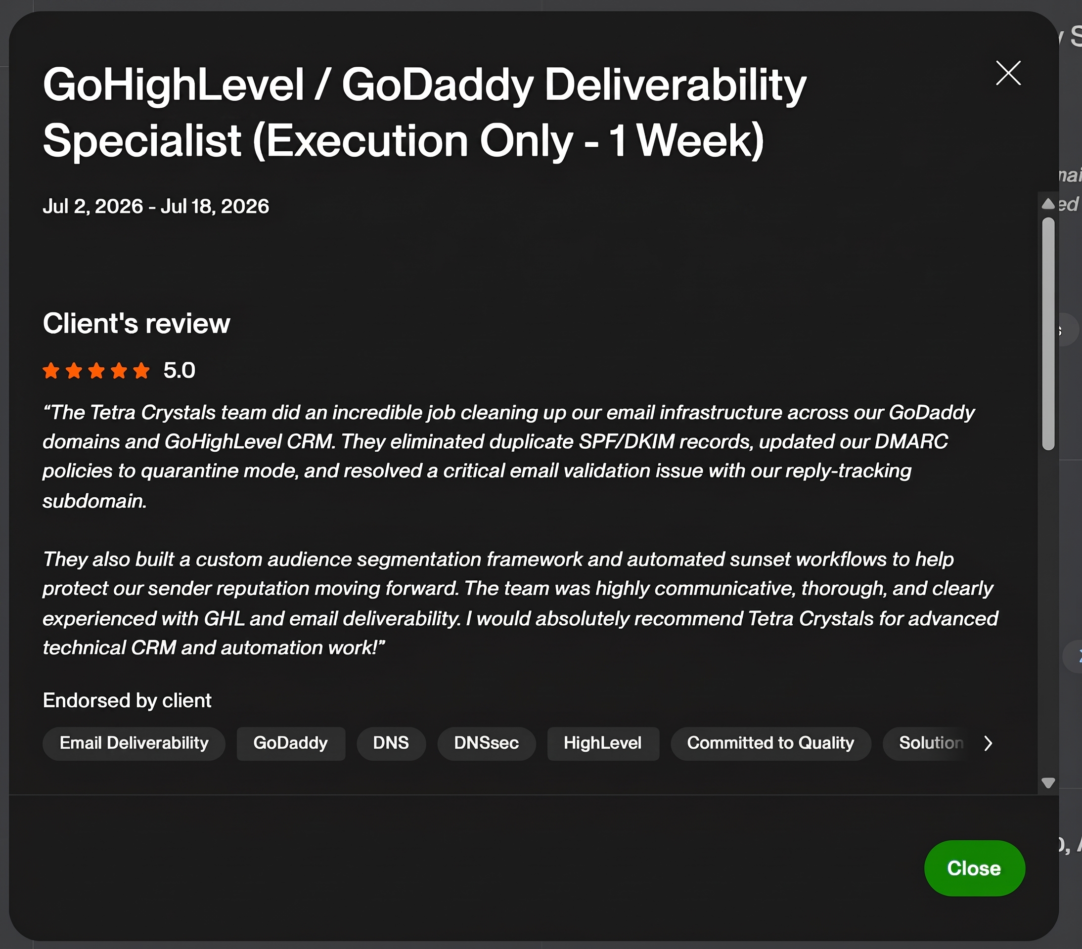 Five-star client review for GoHighLevel and GoDaddy deliverability work