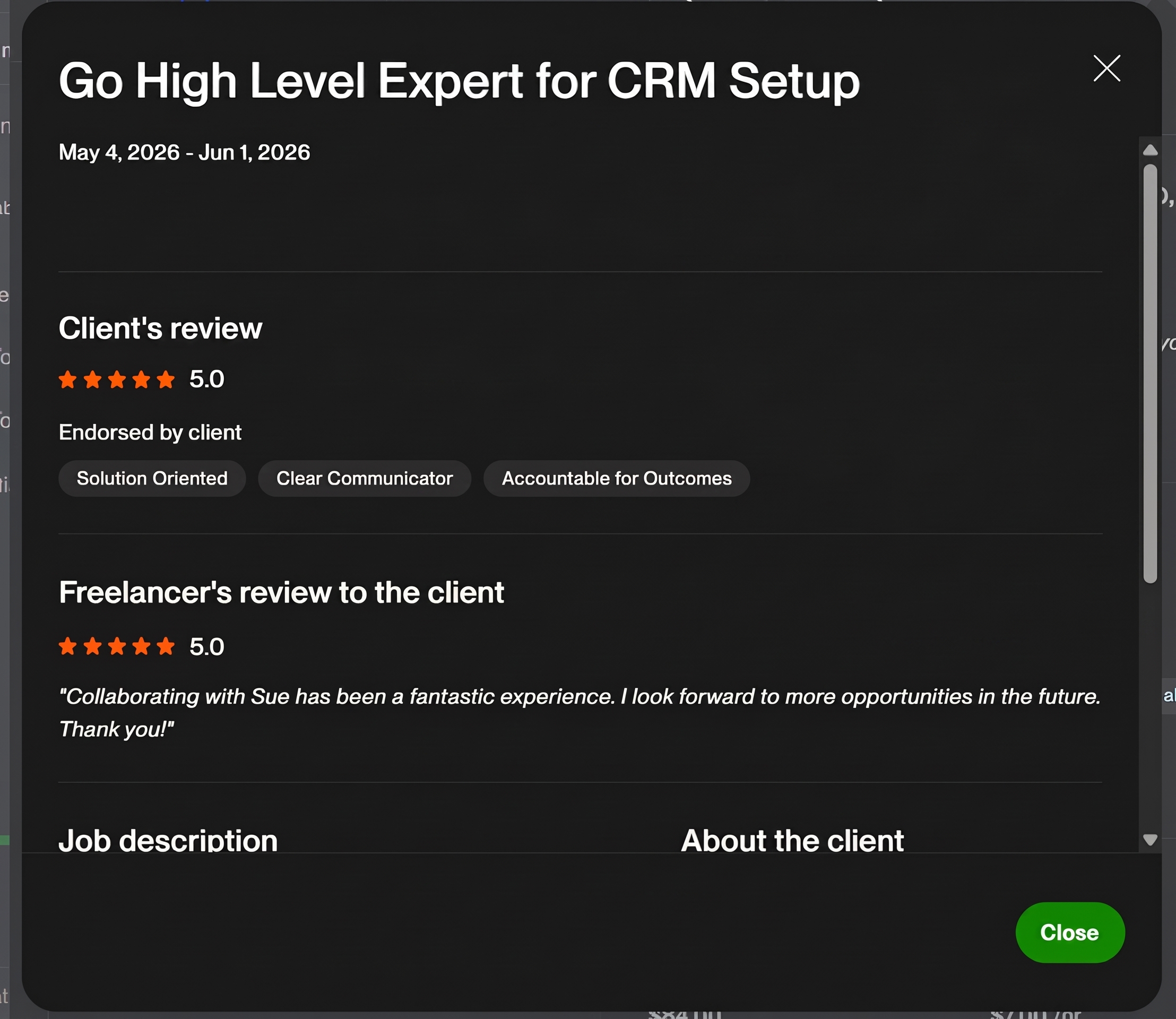 Five-star client review for GoHighLevel CRM setup work