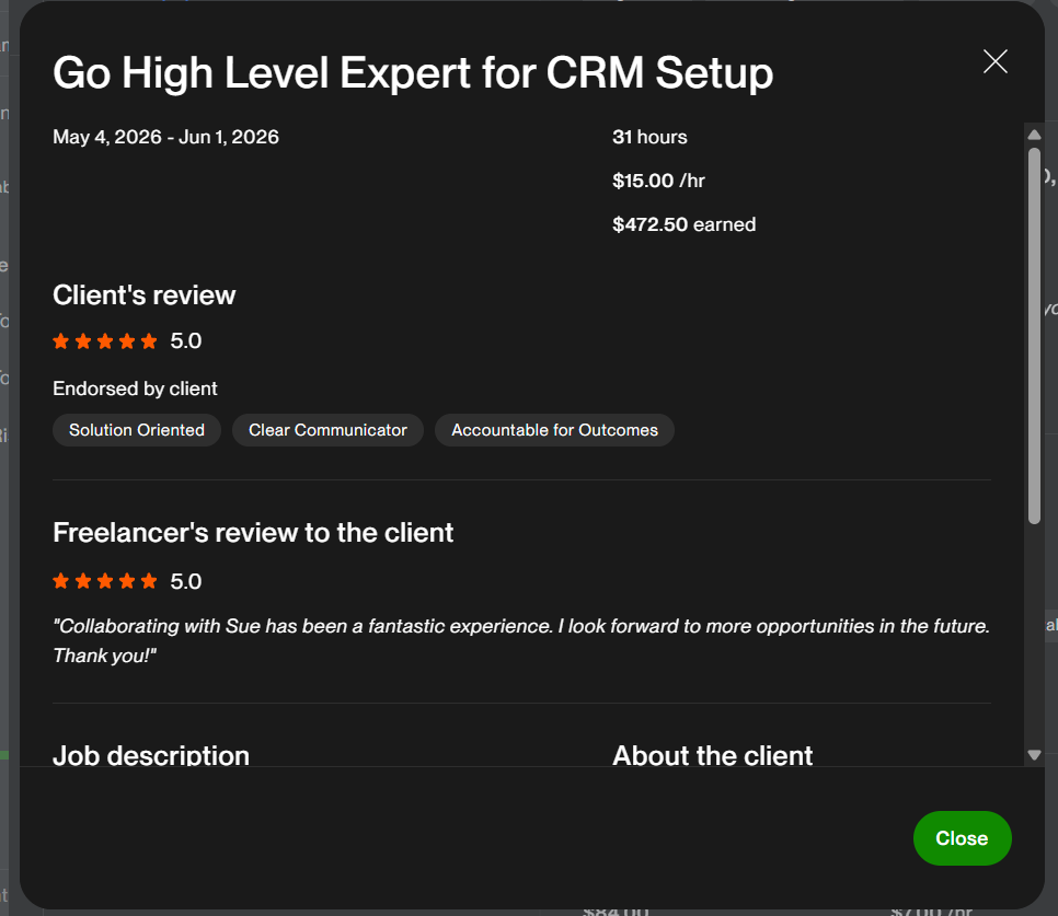 Five-star client review for GoHighLevel CRM setup work