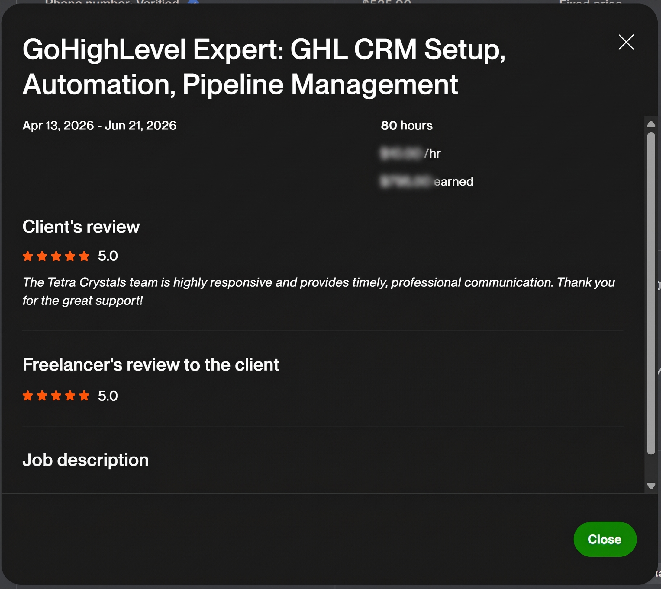 Five-star client review for GoHighLevel CRM automation and pipeline management