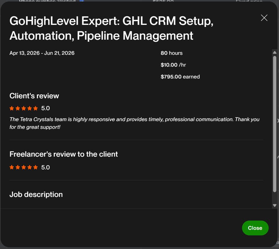 Five-star client review for GoHighLevel CRM automation and pipeline management