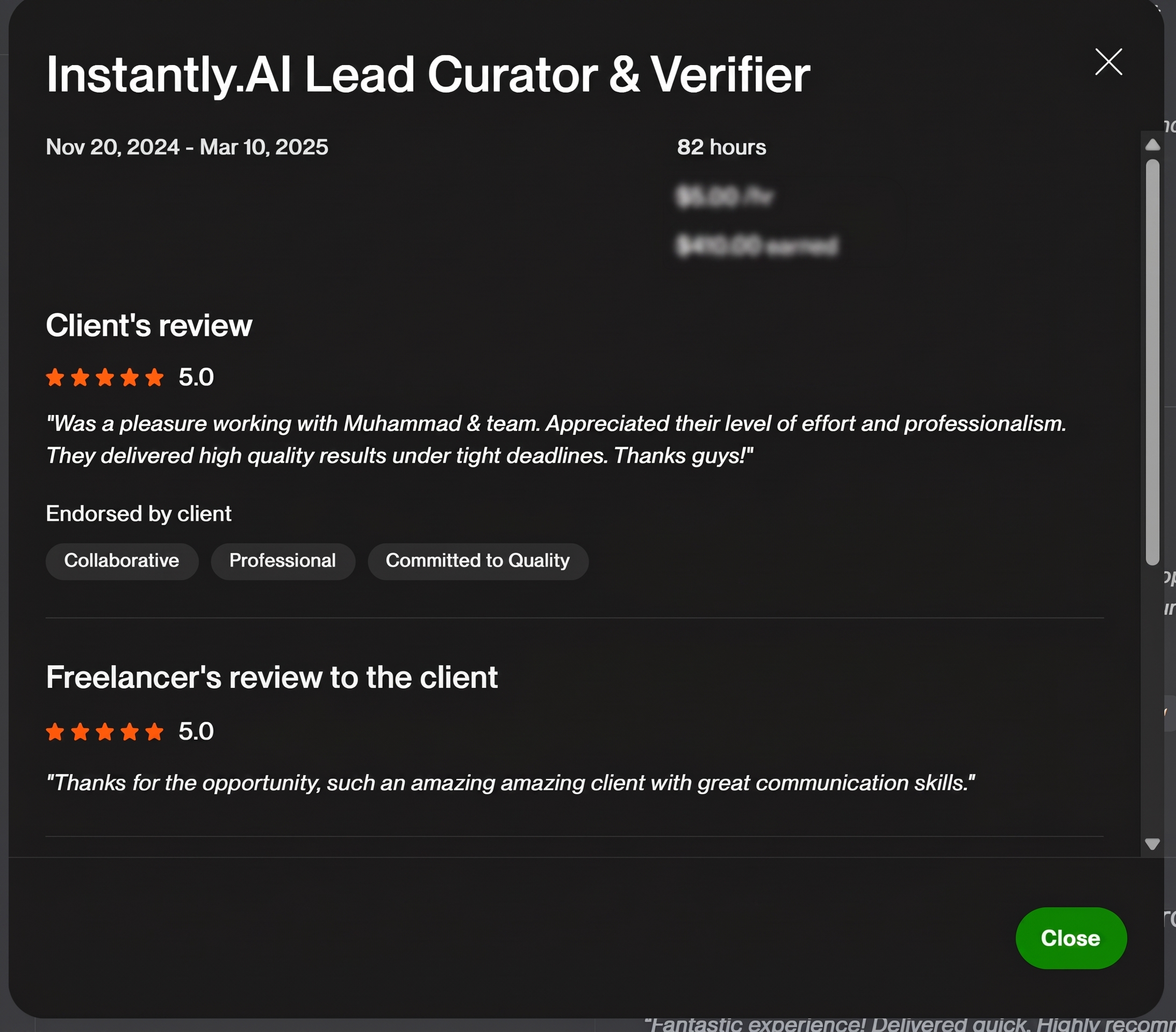 Five-star client review for an Instantly AI lead curation project