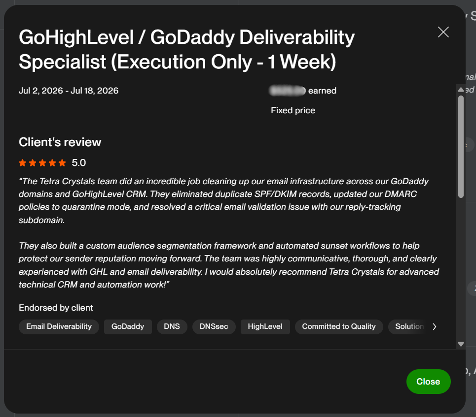 Five-star client review for email deliverability and GoHighLevel work