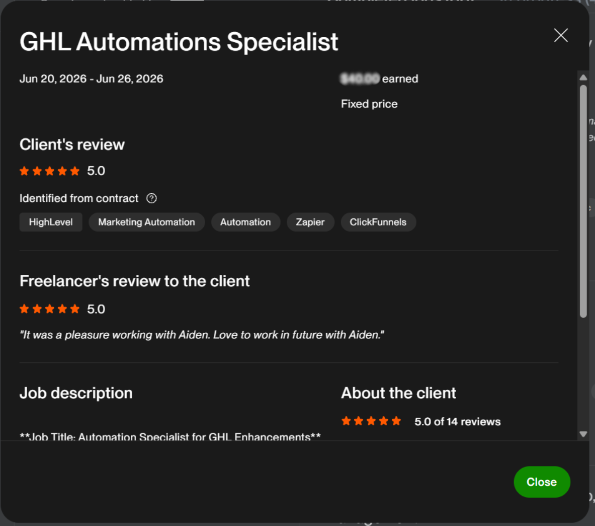 Five-star client review for GoHighLevel automation work